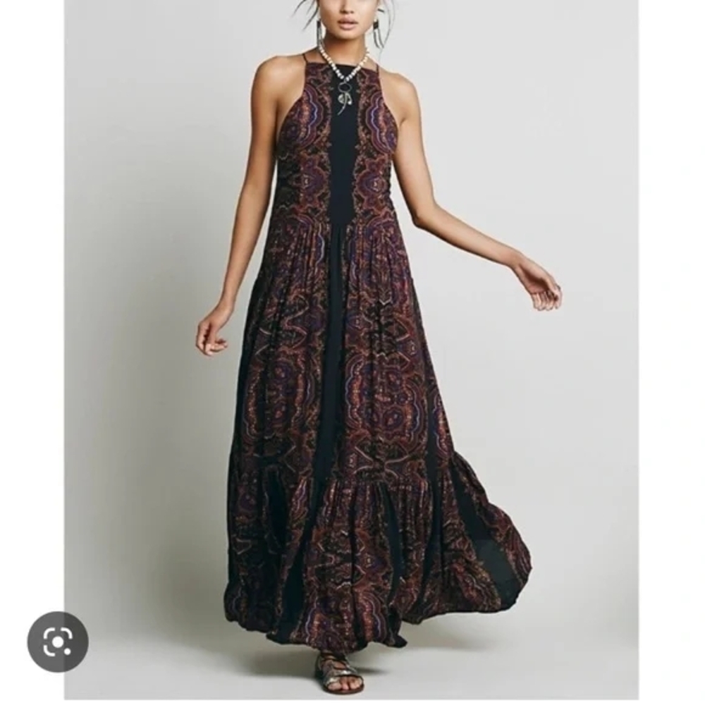 Free People, Fragile Hearts, Elegant Black and Purple Maxi Dress